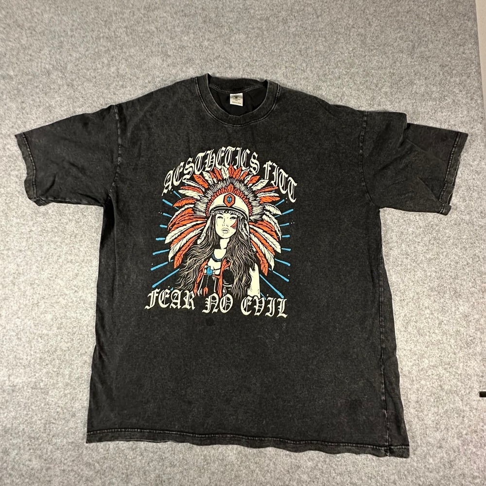 Aesthetics Fitt T-Shirt 2XL Black Mens Graphic Acid Wash Fear No Evil